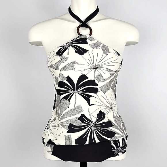 Skye 2 Piece Women Bikini Halter Tankini Swimsuit Black Cream Floral Print  Sz L - Picture 1 of 16